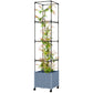Wheeled raised garden planter with black trellis supporting a tall green plant
