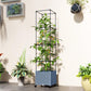 Wheeled raised garden planter with tall black trellis, dense green foliage in gray basket