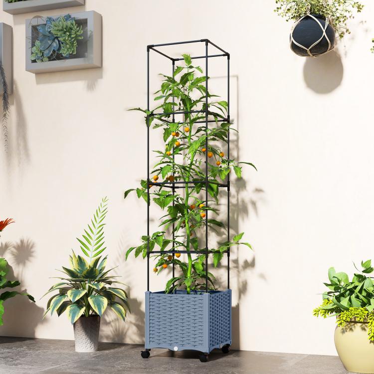 Wheeled raised garden planter with tall black trellis, dense green foliage in gray basket