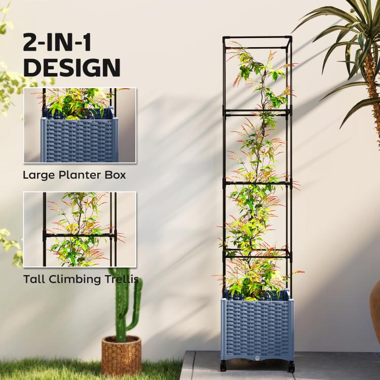 Wheeled raised garden planter set with black climbing trellises and gray planter boxes