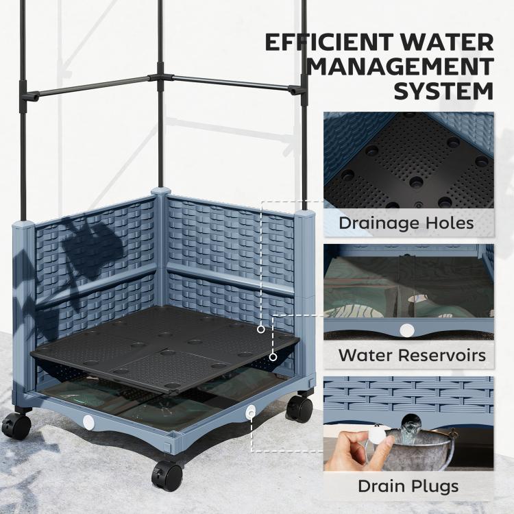 Corner view of wheeled self-watering planter with drainage holes and water reservoir trays