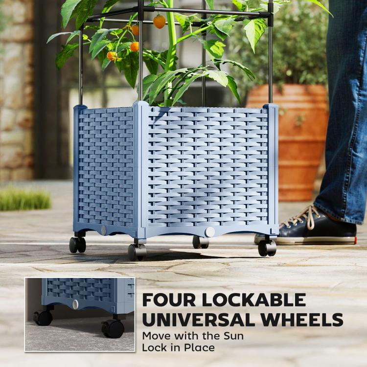Front view of gray woven raised planter box on wheels with black trellis frame