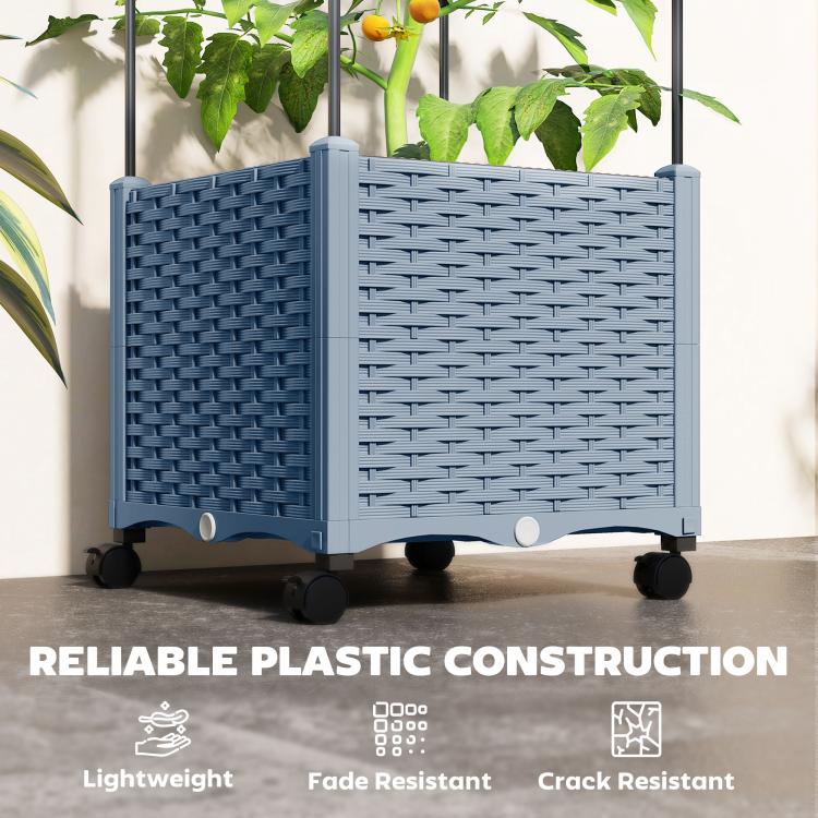 Gray-blue woven raised planter side with trellis posts and caster wheels