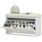 White shoe cabinet bench with padded top and open drawer, displaying shoes inside