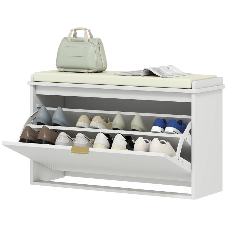 White shoe cabinet bench with padded top and open drawer, displaying shoes inside