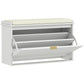 White shoe storage bench with padded seat and open flip-drawer shoe cabinet interior