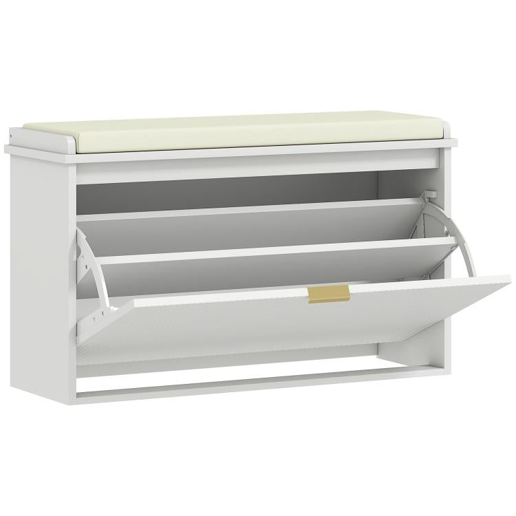 White shoe storage bench with padded seat and open flip-drawer shoe cabinet interior