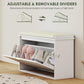 White shoe cabinet bench with padded seat and open flip drawer, adjustable divider compartments