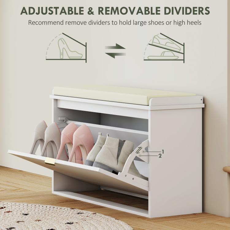 White shoe cabinet bench with padded seat and open flip drawer, adjustable divider compartments