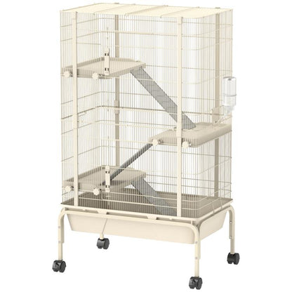 Beige 4-level small animal cage with wire mesh, ramps, and rolling wheels