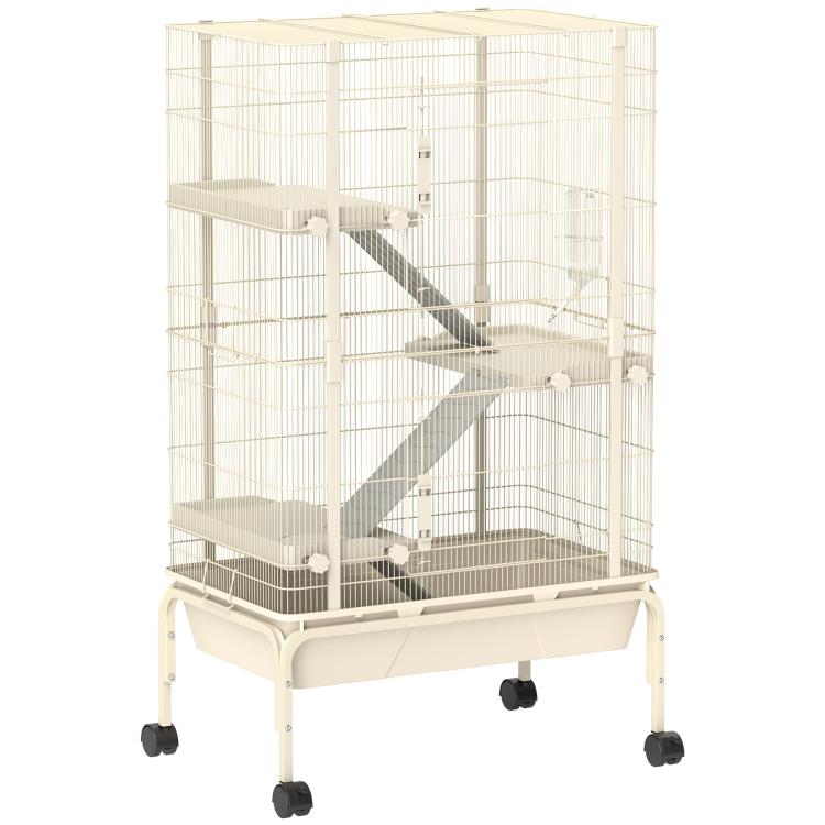 Beige 4-level wire small animal cage with ramps and rolling base, front view