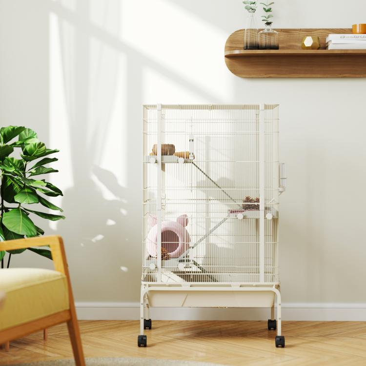 Beige 4-level small animal wire cage with rolling base, ramps, and deep tray