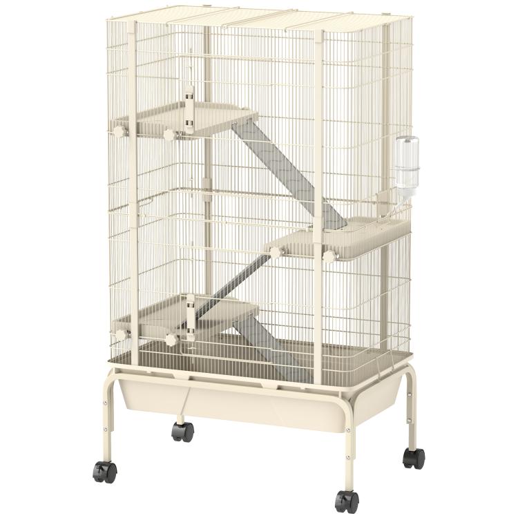 Beige 4-level small animal wire cage with ramps, rolling wheels, and water bottle