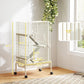 Beige 4-level wire animal cage with ramps and deep tray, size-marked view
