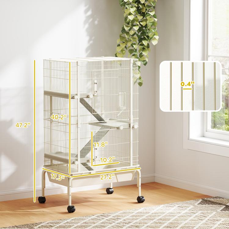 Beige 4-level wire animal cage with ramps and deep tray, size-marked view