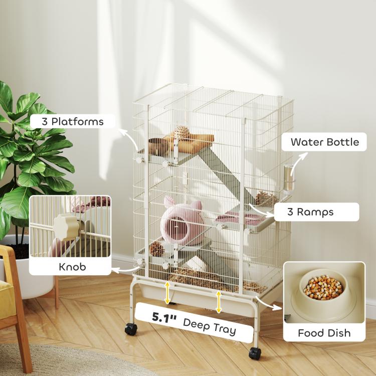 Beige wire small animal cage with 3 ramps, deep tray, water bottle, and food dish