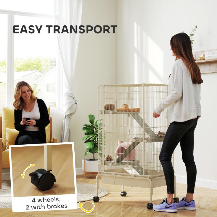 Beige small animal cage with rolling wheels and wire mesh enclosure, easy to move