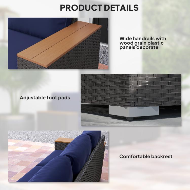 Outdoor sofa base with dark gray wicker weave, adjustable foot pads, and wood arm handrail