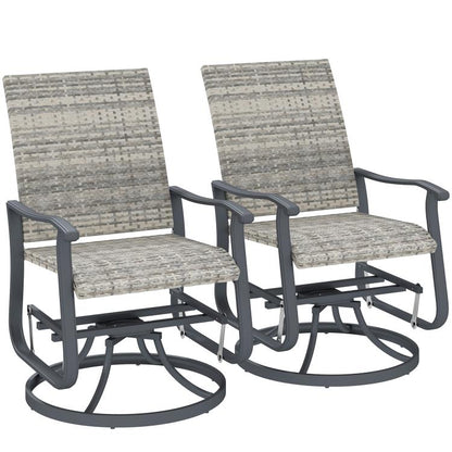 Outdoor swivel glider chair set of 2 with gray woven seats and dark steel armrests