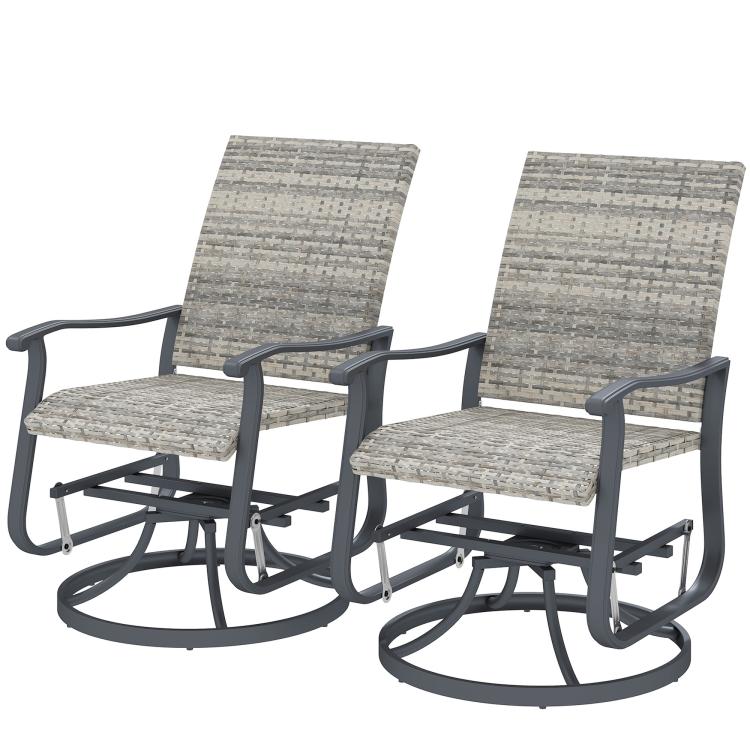 Outdoor swivel glider chair set of 2 with gray woven high-back seats and dark curved arms