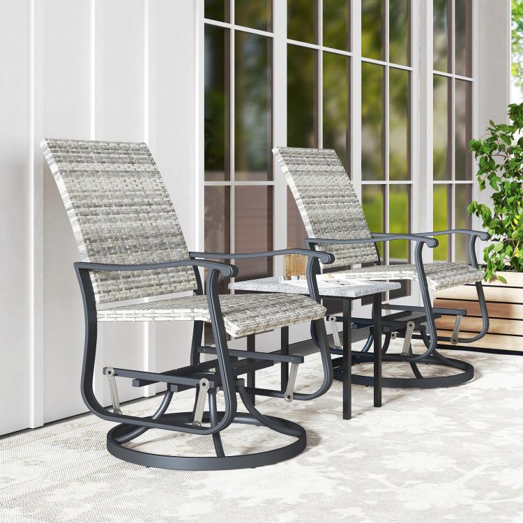Set of 2 outdoor swivel glider chairs with dark steel frames and gray woven seats