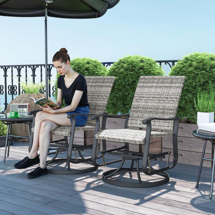 High-back swivel glider chair with gray woven seat, dark steel frame, and armrests