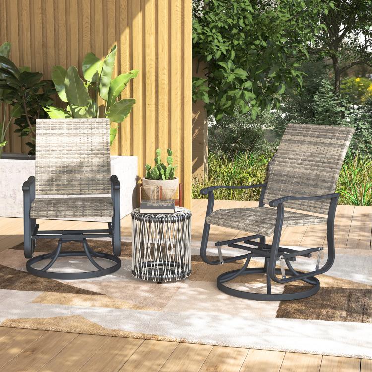 Pair of outdoor swivel glider chairs with gray woven backs, dark steel armrests, and base