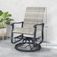 High-back swivel glider chair with gray woven seat and dark steel rocking base