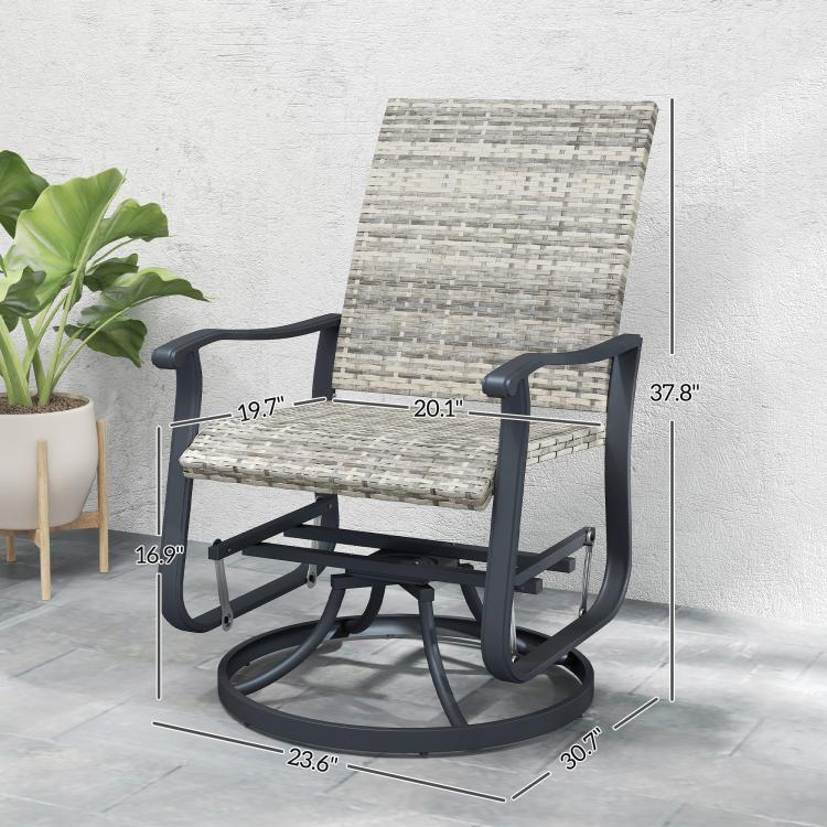 High-back swivel glider chair with gray woven seat and dark steel rocking base