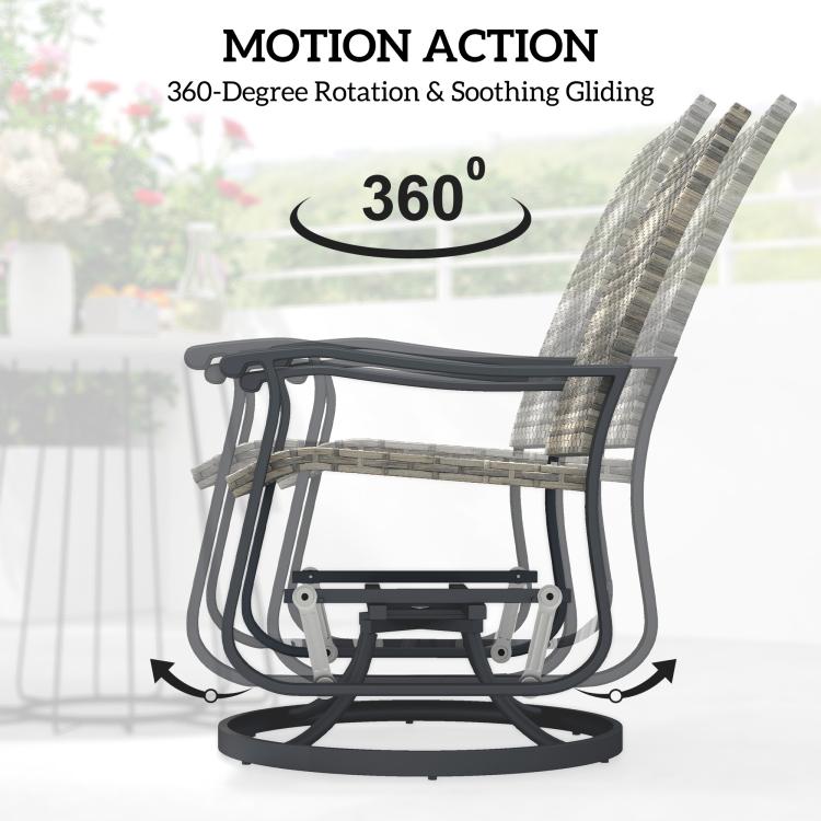 High-back swivel glider chair with gray woven seat and dark steel base for smooth rocking