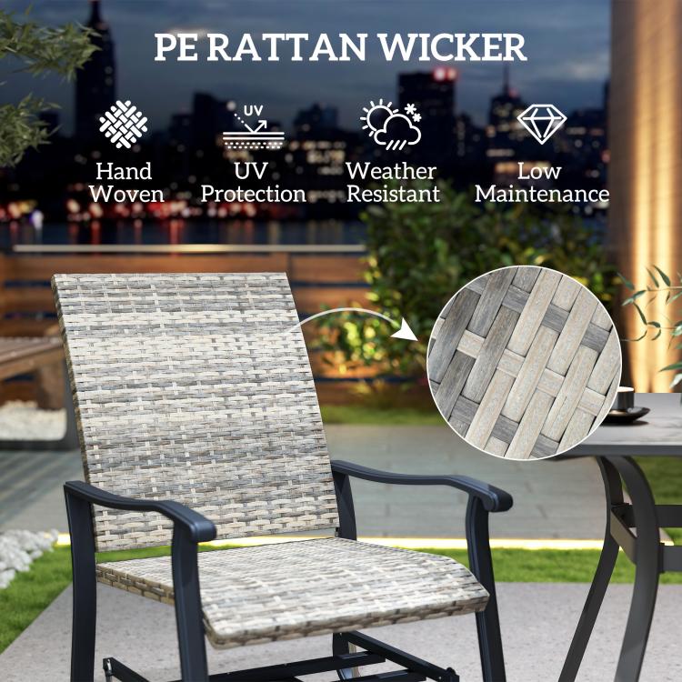 High-back woven rattan-style chair with gray textured seat and dark steel armrests