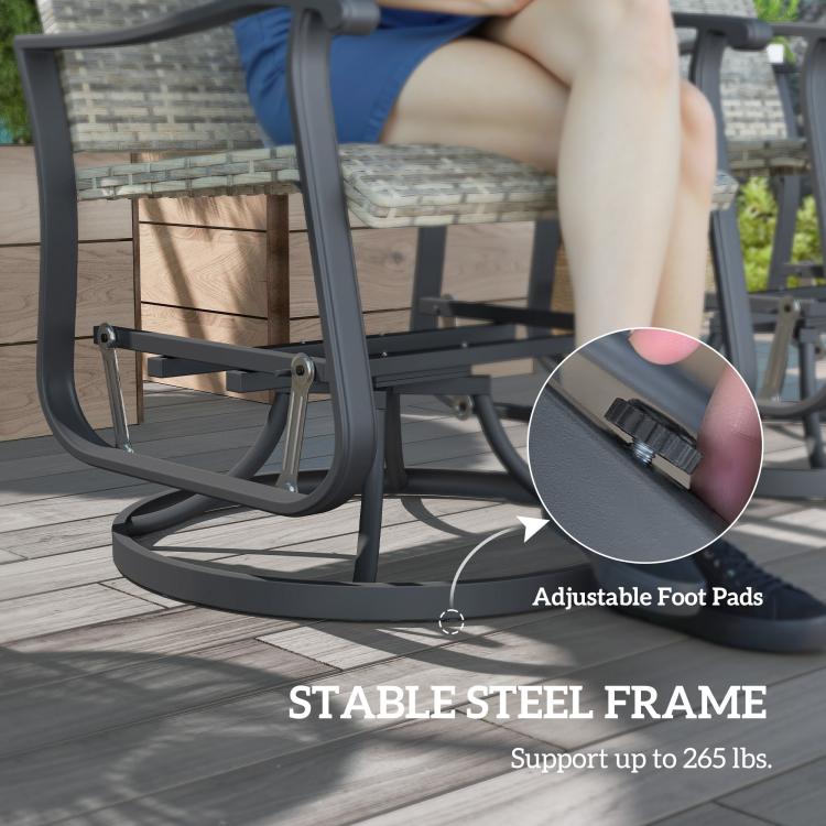Swivel glider chair with adjustable foot pads on dark steel rocker base