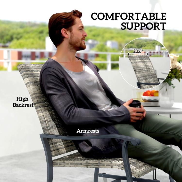 Swivel glider chair with high back and armrests, gray woven seat on dark frame