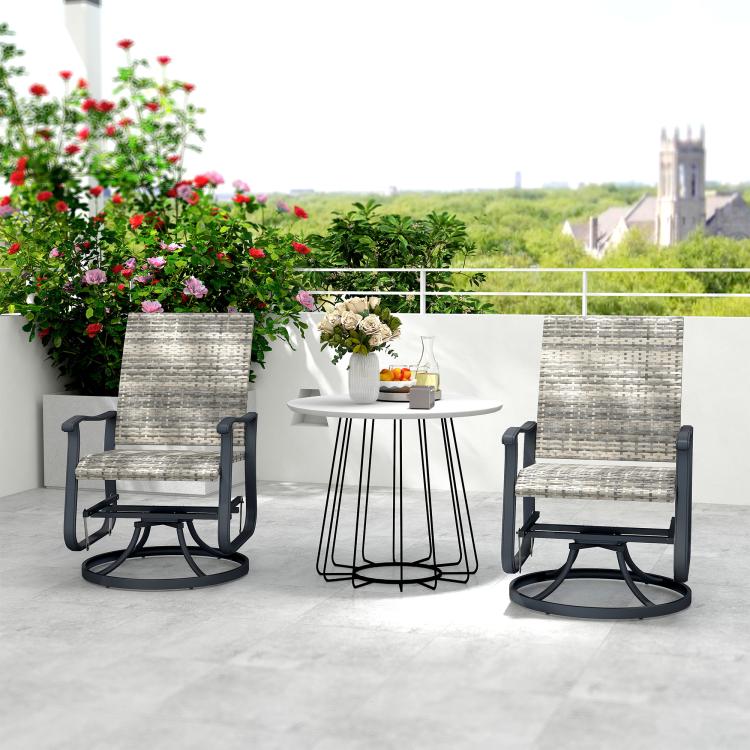 Outdoor swivel glider chair set of 2 with gray woven seats and dark steel rocking base