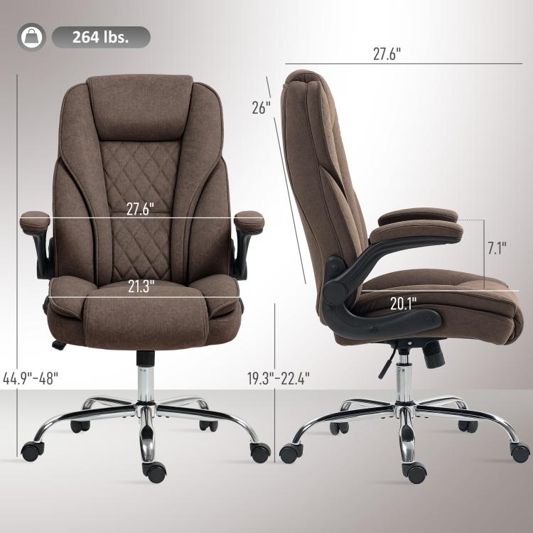 Dark brown fabric office chair shown with armrest and seat measurements