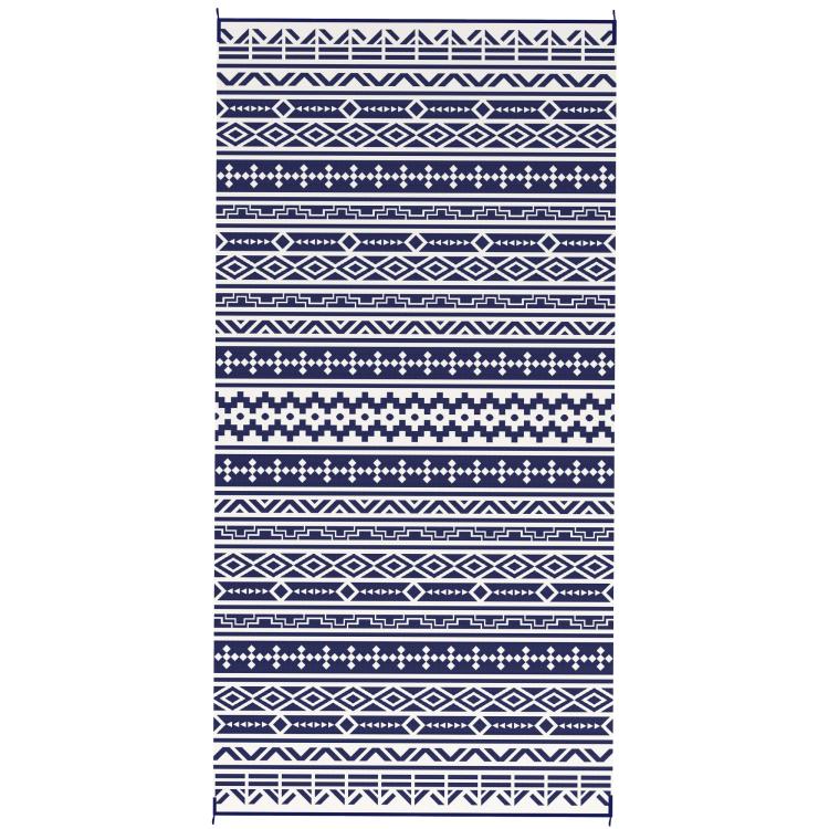 Reversible outdoor rug featuring stacked blue-and-white geometric stripes pattern