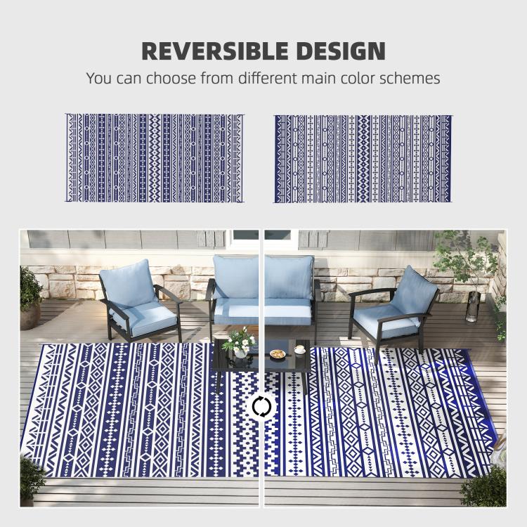 Reversible outdoor rug with blue-and-white geometric pattern, layout shown on deck