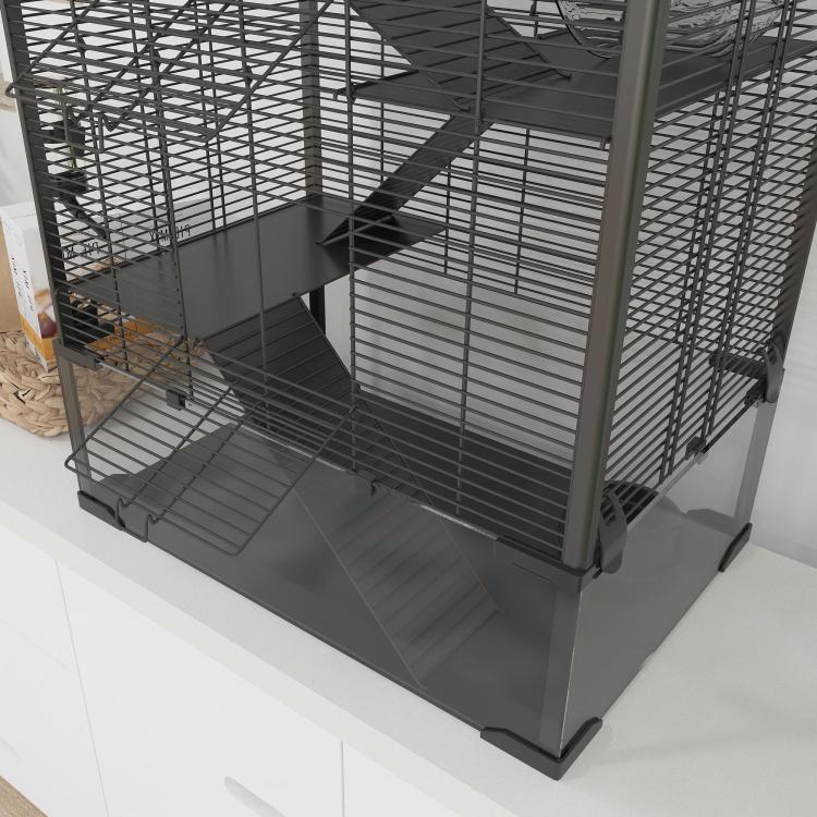 4-tier hamster cage with deep glass base, gray ramps and multiple levels