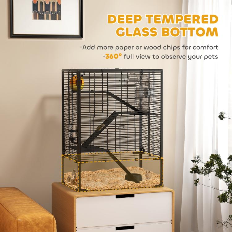 Deep glass bottom hamster cage with ramps, wheel, and water bottle attachment