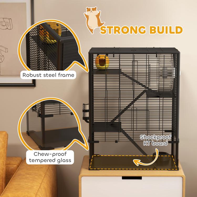Sturdy 4-tier hamster cage with dark wire frame, shockproof base, and deep glass tray