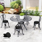 Round black seat cushions on outdoor dining chairs, patio furniture seating set