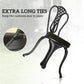 Round black seat cushion on an armless patio chair with tied cover