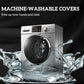 Black round cushion cover with washing machine shown for cleaning