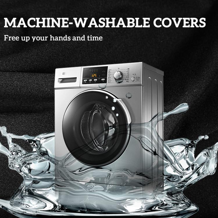 Black round cushion cover with washing machine shown for cleaning