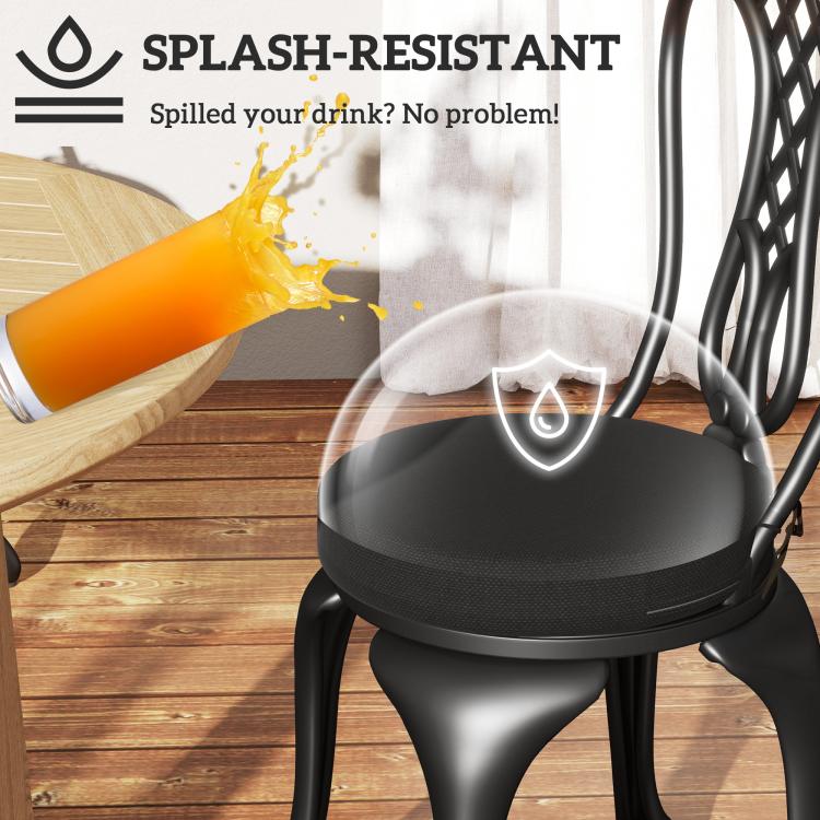 Round black seat cushion with splash protection theme graphic