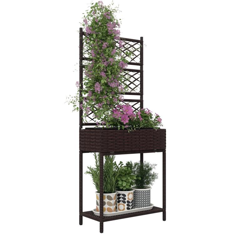 Brown wicker planter with trellis and open storage shelf, freestanding for climbing plants
