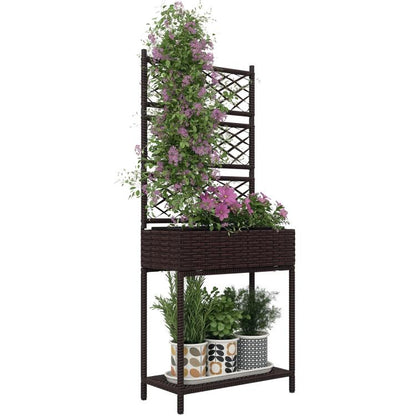 Brown wicker planter with trellis and open storage shelf, freestanding for climbing plants