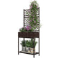 Freestanding brown wicker planter with tall trellis and two-tier plant shelf