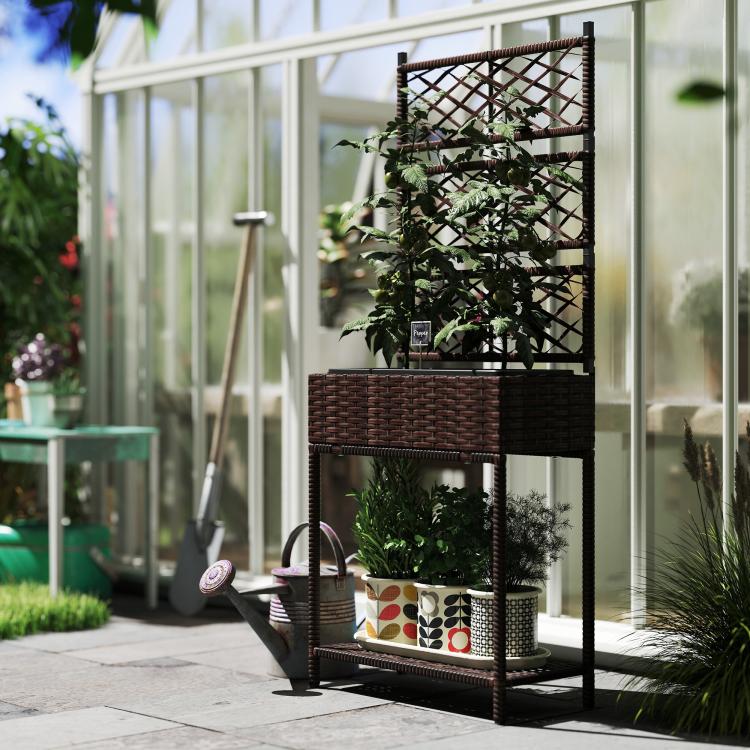 Brown wicker freestanding planter stand with black trellis and lower storage shelf
