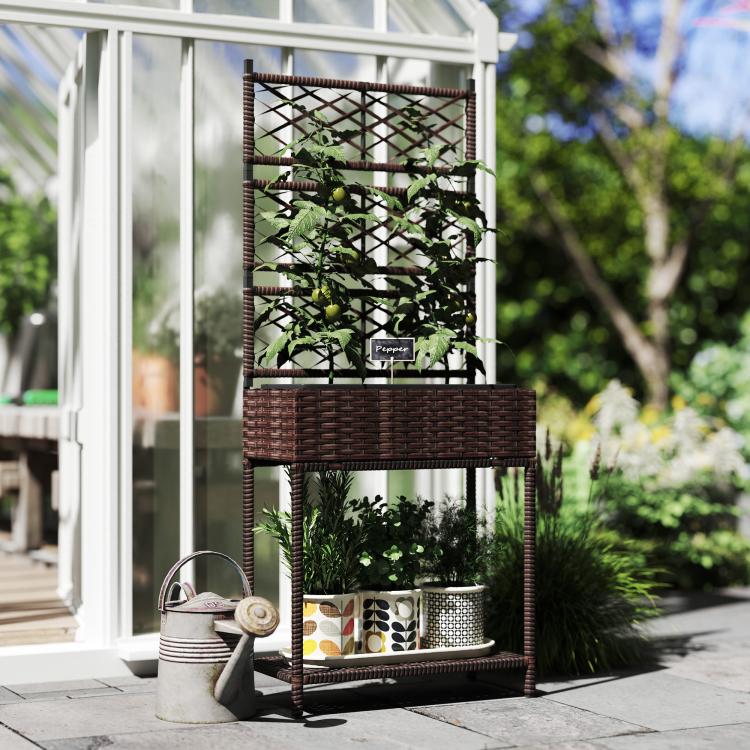 Outdoor brown wicker planter with trellis panel and storage shelf holding planters